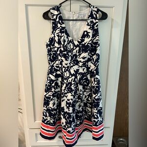 Worn Once! Liz Claiborne Navy and White Floral Dress with Pink Stripes